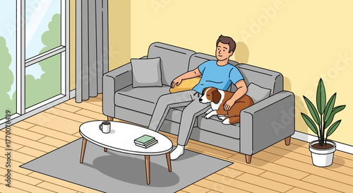 Relaxed afternoon with a man and his dog on a sofa in a well lit living room