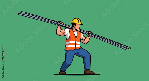 Construction Worker Carrying Steel Rods on Shoulder.