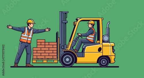 Forklift Operation with Construction Worker Guiding the Load.