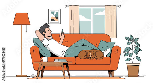 A relaxed man is lounging on the sofa with his sleeping dog, using his smartphone in the living room