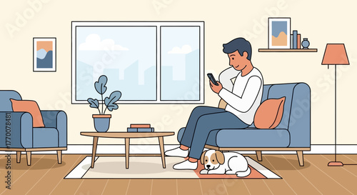 Illustration of a man relaxing at home with his puppy while using his smartphone
