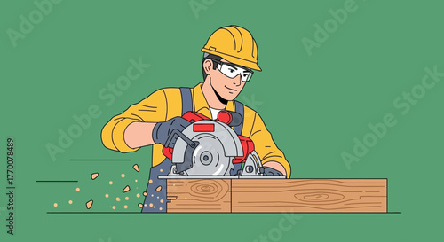 Construction Worker Using Circular Saw to Cut Wood Precisely.