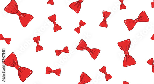 Seamless pattern of randomly scattered red bows in various sizes and angles on a clean white background, creating a festive and playful design.