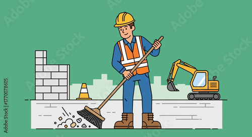 Construction Worker Sweeping Debris on a Construction Site.