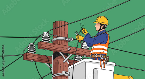 Lineman Working on Power Lines atop Utility Pole.