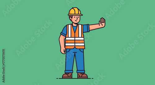 Construction Worker Signaling Stop with Hand Wearing Safety Gear.
