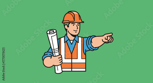 Construction Worker Pointing with Blueprint in Hand.