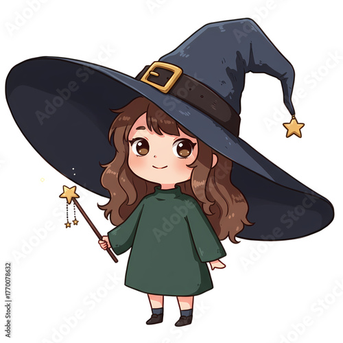 Cute cartoon witch with a big hat and magic wand casting spells on transparent background