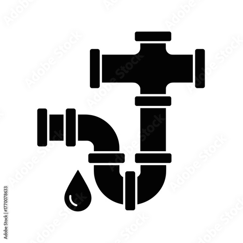 Black silhouette of a plumbing drain with a water drop indicating a leak needing repair and maintenance