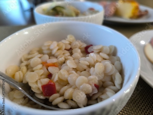 morning breakfast with noodles and boiled vegetables. Healthy eating concept