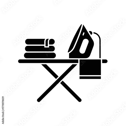An ironing board with iron and folded clothes represents laundry service for home cleaning and garment care