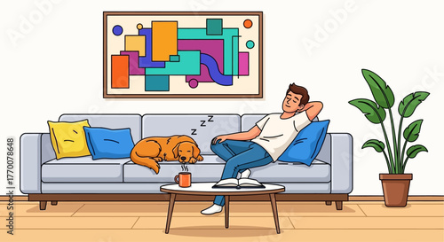 Illustration depicting a peaceful afternoon with a man relaxing on sofa with his sleeping dog