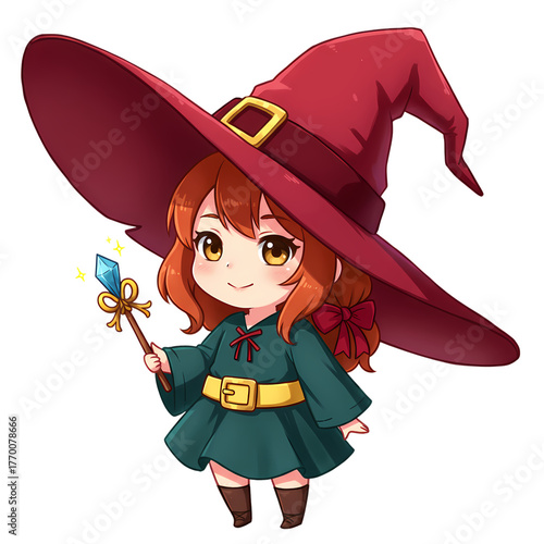 Adorable chibi witch girl holding a magic wand with a crystal on transparent background