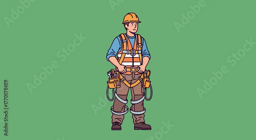Construction Worker in Safety Harness Ready for Work.