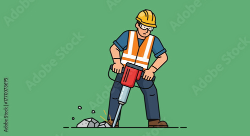 Construction Worker Using Jackhammer to Break Ground, Wearing Safety Gear.