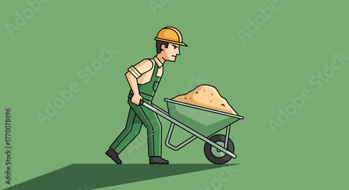 Construction Worker Pushing Wheelbarrow Filled with Sand.