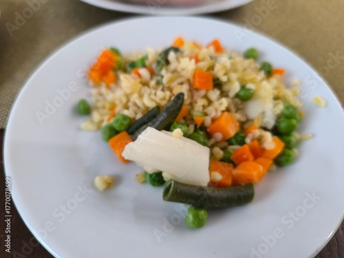 morning breakfast with noodles and boiled vegetables. Healthy eating concept