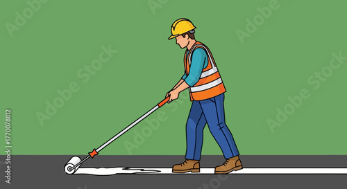 Road worker painting a white line on the road.