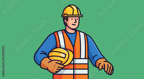 Cartoon Construction Worker Holding Hard Hat with Safety Vest.
