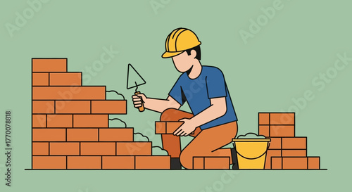 Bricklayer Constructing a Wall with Trowel and Bricks.