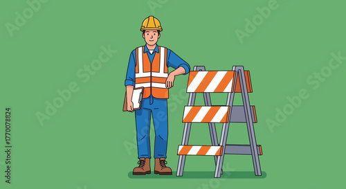 Construction Worker Leaning on Barrier with Clipboard in Hand.