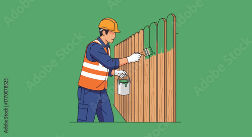 Construction Worker Painting Fence with Safety Gear.