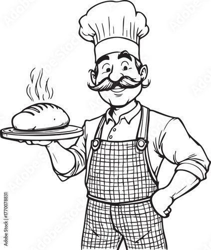 Smiling chef with mustache holding tray of steaming bread, black and white vector for bakery, culinary, and food branding
