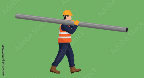 Construction Worker Carrying Pipe on Shoulder with Safety Gear.