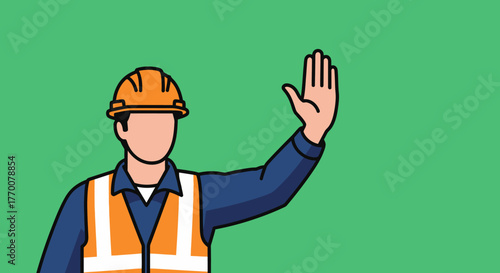 Construction Worker Signaling Stop with Hand Raised Wearing Safety Gear.