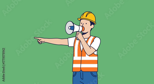 Construction Worker Directing with Megaphone and Pointing.