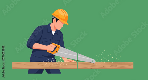 Carpenter sawing wood with hand saw wearing hard hat.
