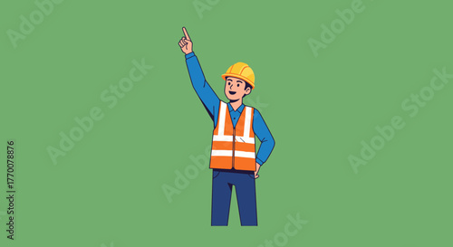 Construction Worker Pointing Upward Wearing Safety Gear.