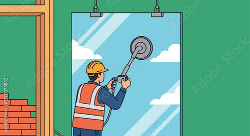 Construction worker smoothing glass with a machine on a building site.