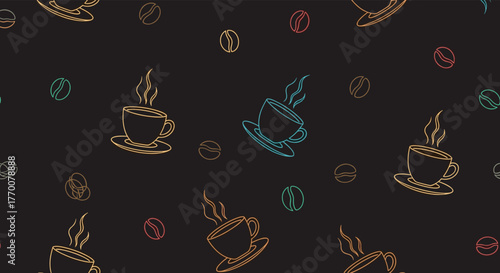 Colorful outline illustrations of steaming coffee cups and scattered coffee beans create a vibrant seamless pattern on a dark background.