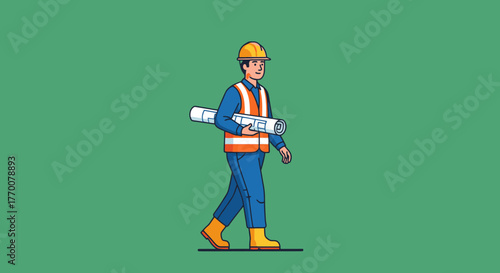 Construction worker with blueprint walking on site.