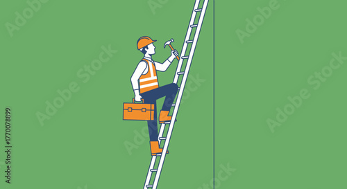 Electrician Ascending Ladder with Toolbox and Tools.