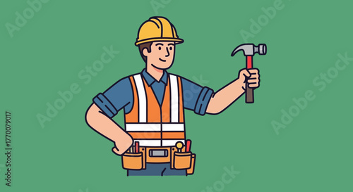 Cartoon Construction Worker Holding Hammer with Safety Gear.