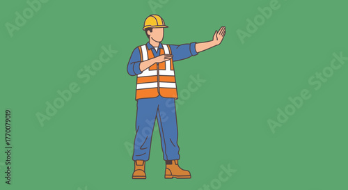 Construction Worker Signaling Stop with Hand Raised in Safety Gear.
