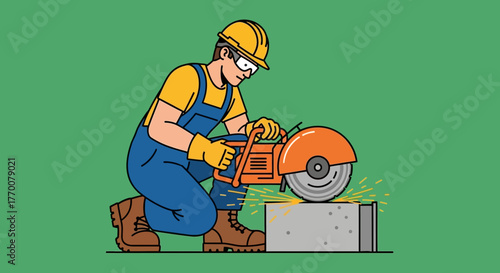 Construction Worker Cutting Concrete Block with Power Saw.