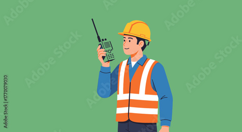 Construction Worker Communicating with Walkie-Talkie Wearing Safety Gear.