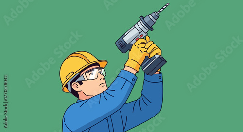 Construction Worker Drilling Upward with Power Tool.