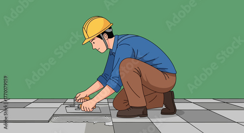 Construction Worker Laying Tiles with Precision and Care.