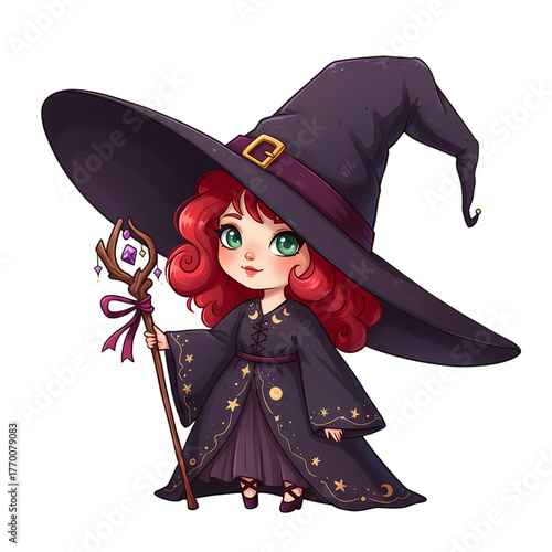 Charming cartoon witch with red hair and a magical staff on transparent background