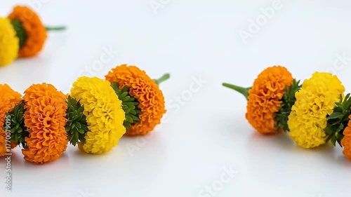 A garland of orange and yellow flowers, on a white surface, in soft focus