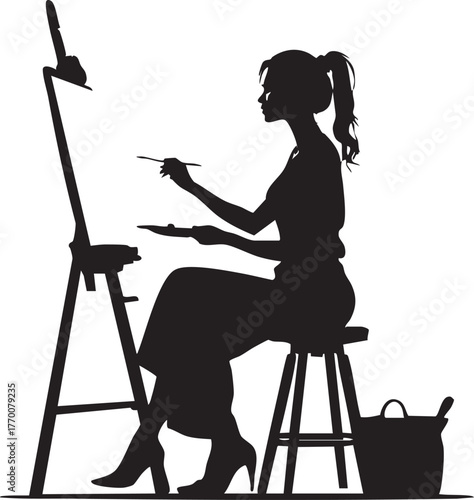 Black silhouette of female artist painting on canvas at easel, minimalist vector for creativity, art, and inspiration