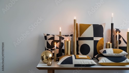 Geometric patterned pillows and decorative candles on a white table against a white wall