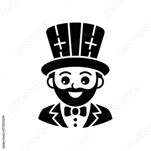 A magician with a top hat and beard is ready to perform a magic show with his bowtie and elegant suit.