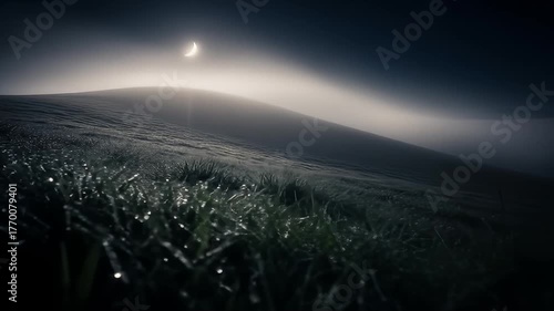 Misty lunar landscape with dewy grass in foreground and obscured hill in background