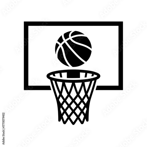 A simple vector graphic of a basketball going into a hoop, perfect for sports and recreation designs.