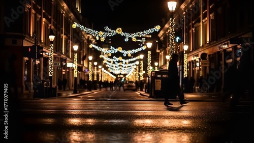 Illuminated city street at night with pedestrian silhouettes and holiday lights